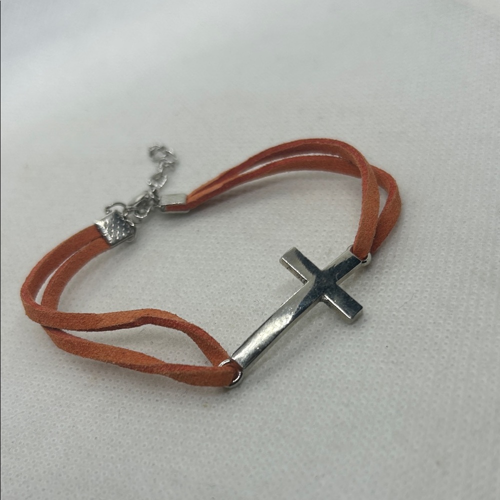 Silver Cross Bracelet with Orange Strap